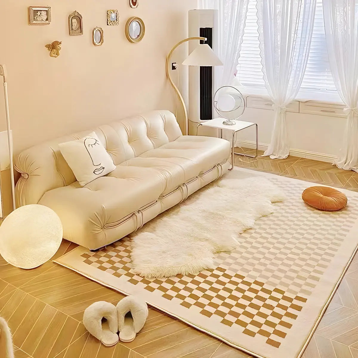 Trendy Checkered Linen Rectangle Beige Area Rug Image - 7