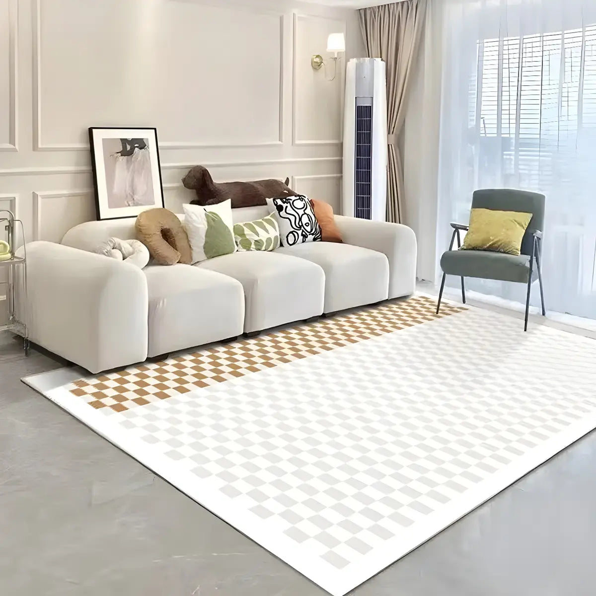 Trendy Checkered Linen Rectangle Beige Area Rug Image - 8