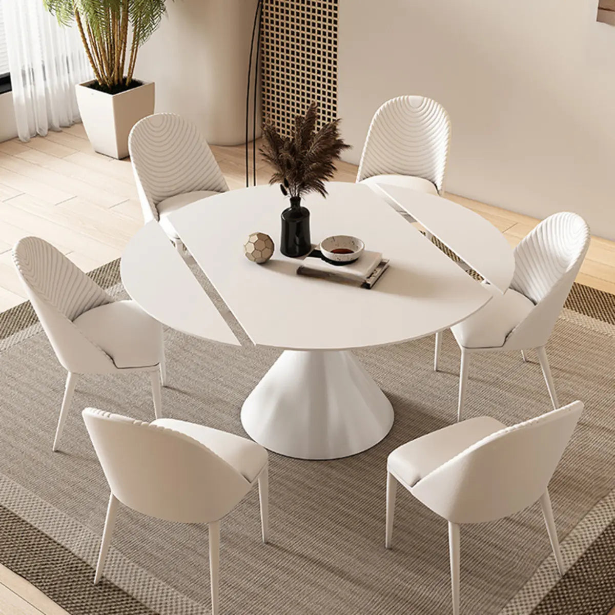 Trendy Circular Chalk White Slate Extendable Dining Table Image - 1