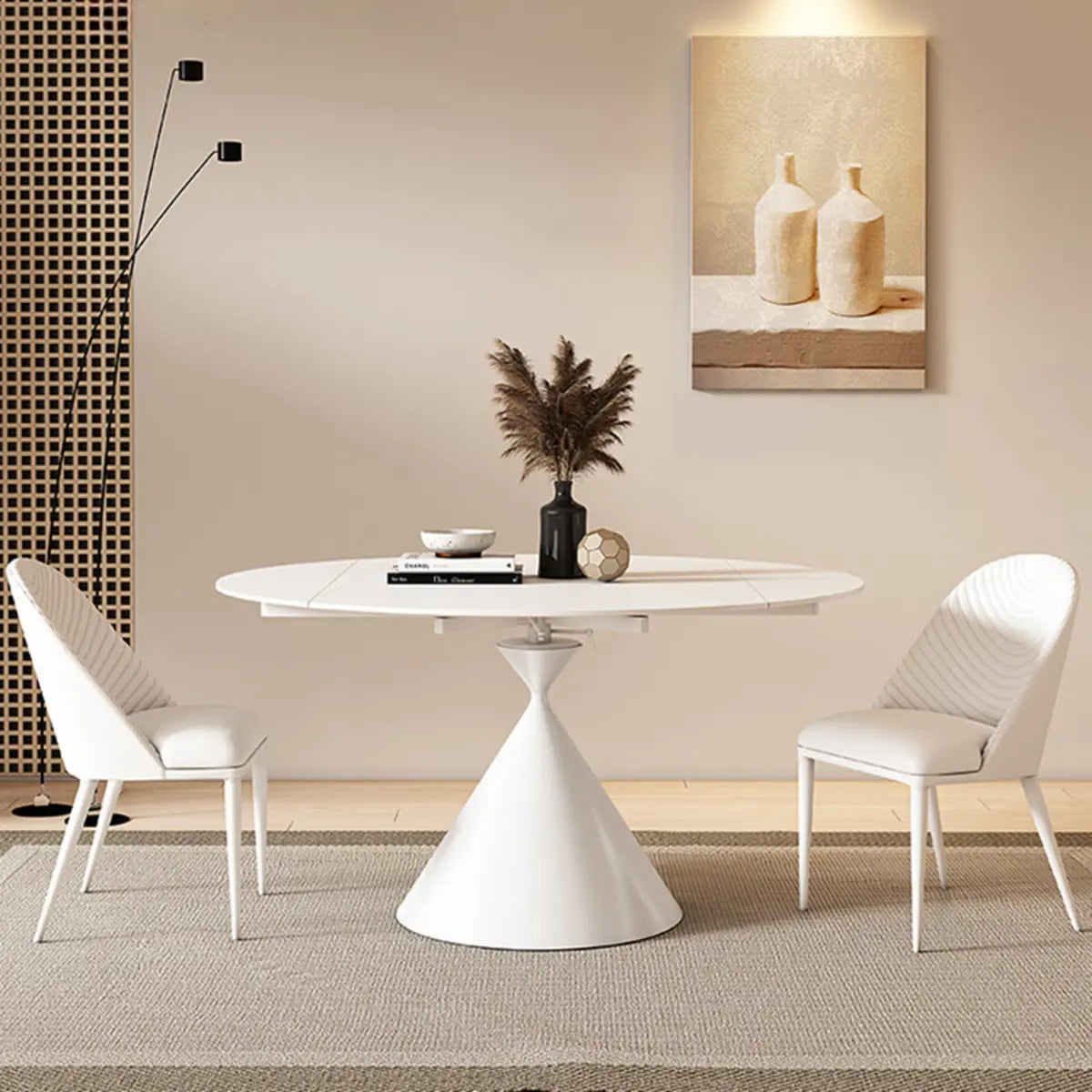 Trendy Circular Chalk White Slate Extendable Dining Table Image - 2