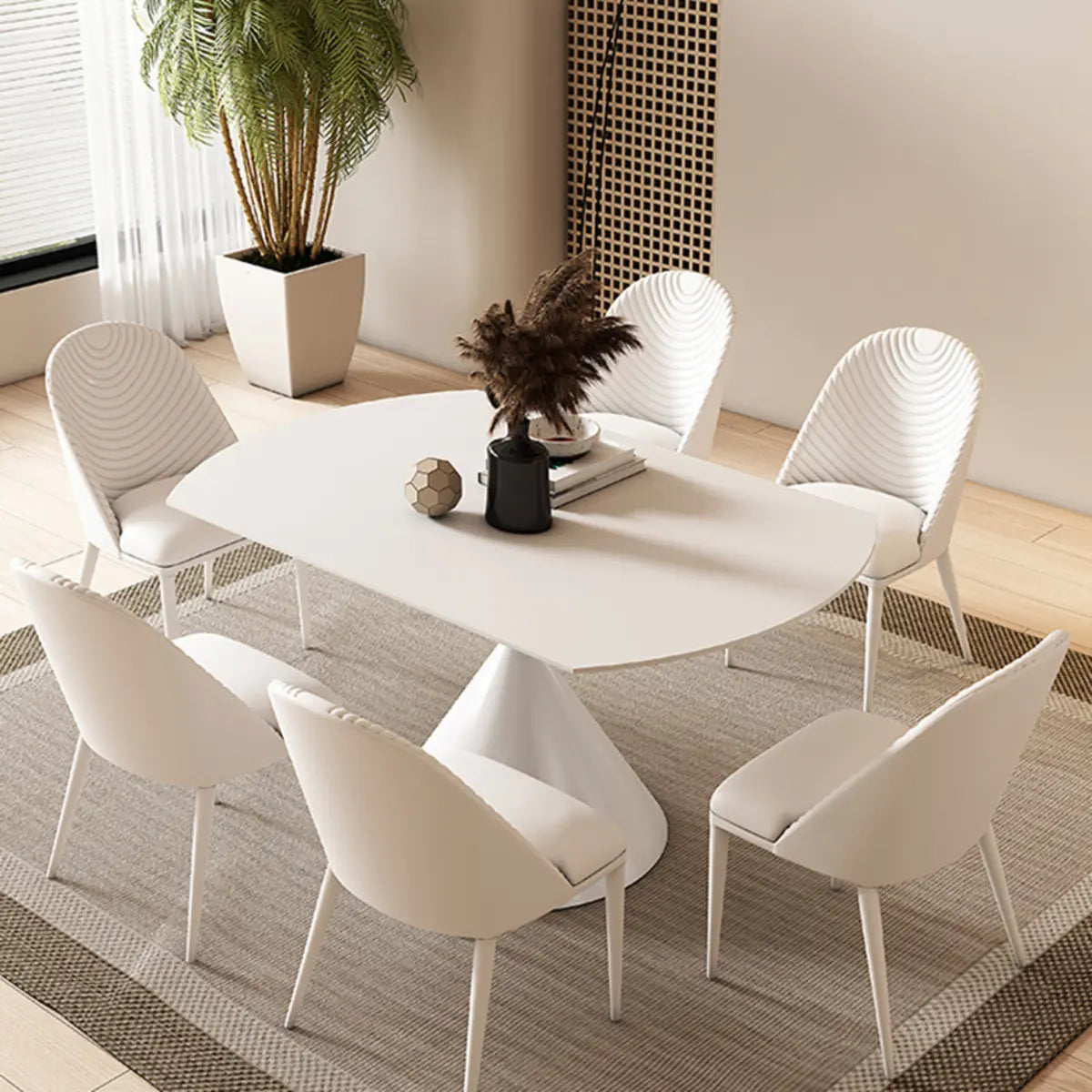Trendy Circular Chalk White Slate Extendable Dining Table Image - 3