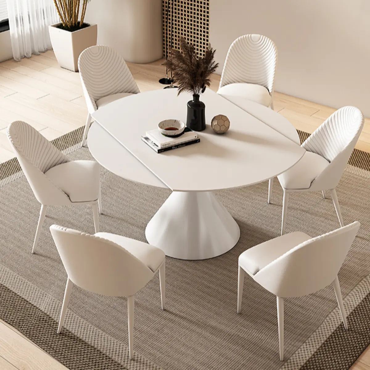 Trendy Circular Chalk White Slate Extendable Dining Table Image - 4