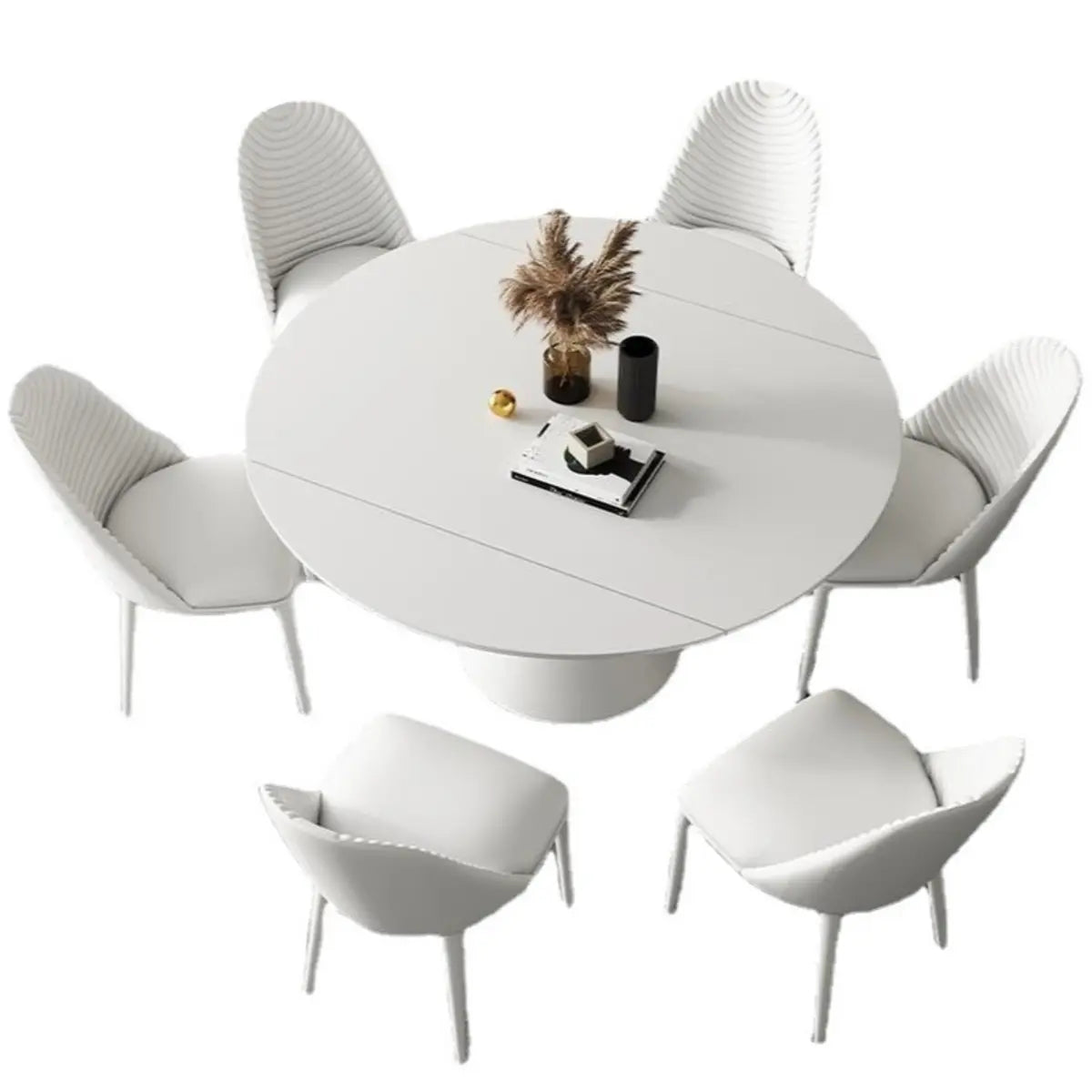 Trendy Circular Chalk White Slate Extendable Dining Table Image - 5