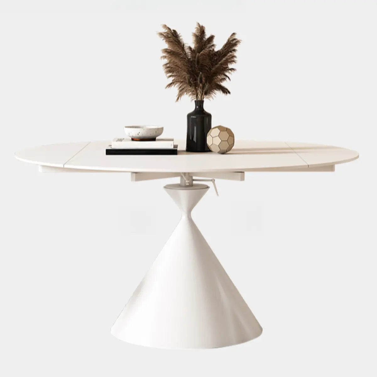 Trendy Circular Chalk White Slate Extendable Dining Table Image - 6