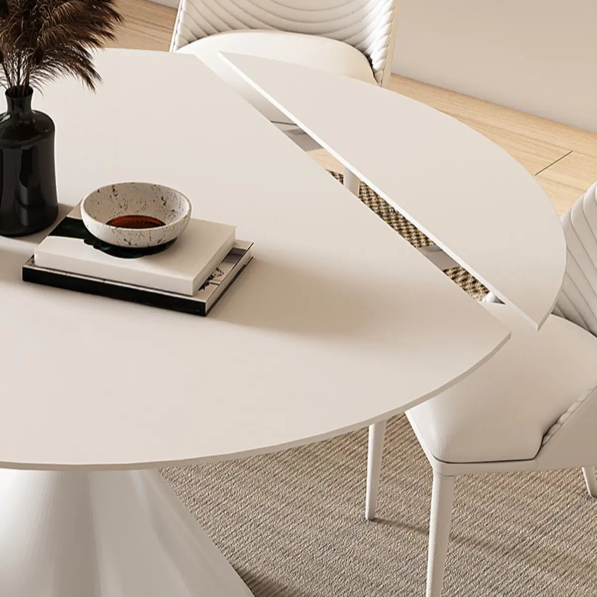 Trendy Circular Chalk White Slate Extendable Dining Table Image - 8
