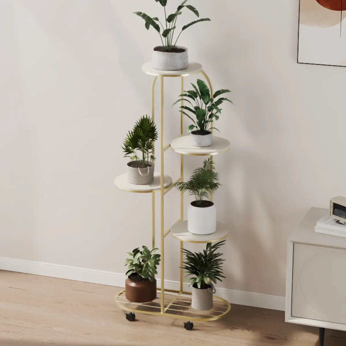 Trendy Curved Multi-Tiered Sliding Plant Stand Cream Image - 10