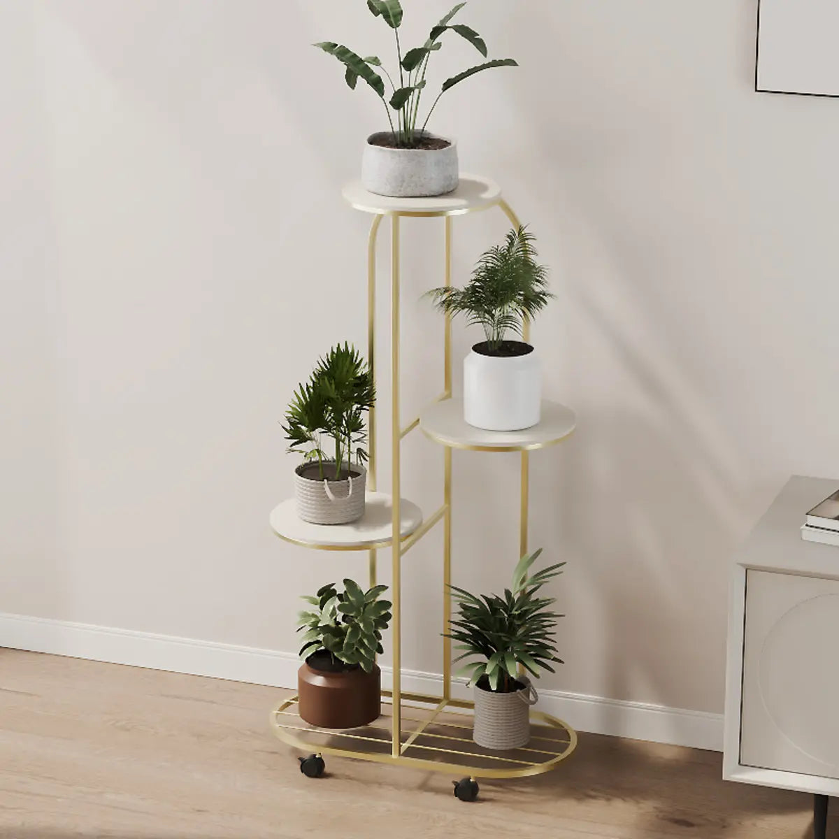 Trendy Curved Multi-Tiered Sliding Plant Stand Cream Image - 3