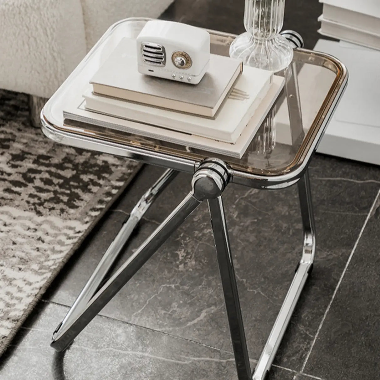 Trendy Folding Rectangular Silver Compact Metal Side Table Image - 10