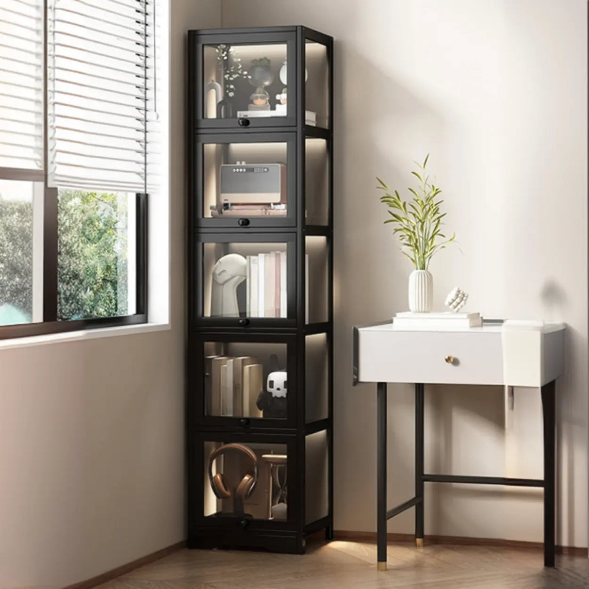 Trendy Metal Vertical Narrow Display Bookcase Black Image - 2