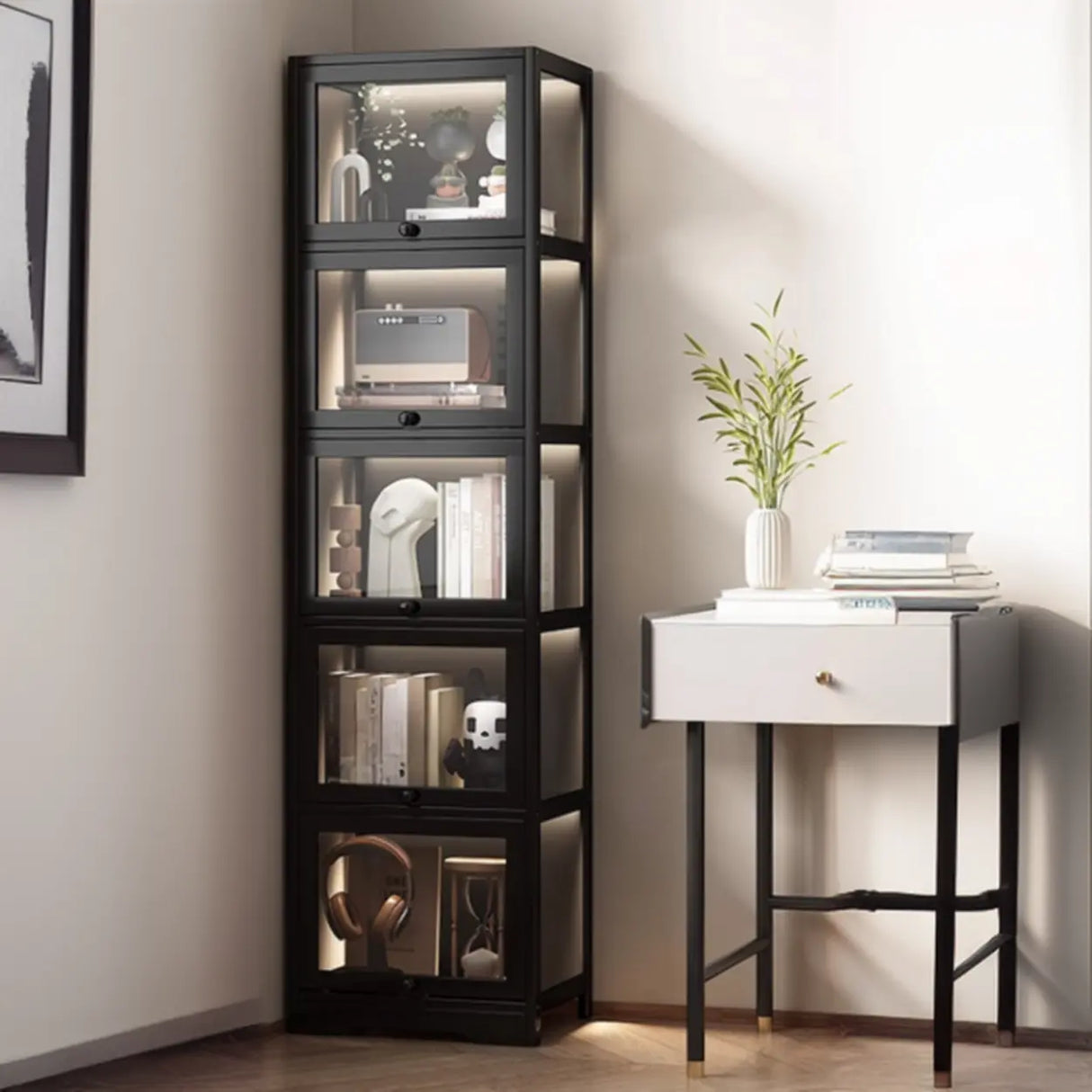 Trendy Metal Vertical Narrow Display Bookcase Black Image - 4