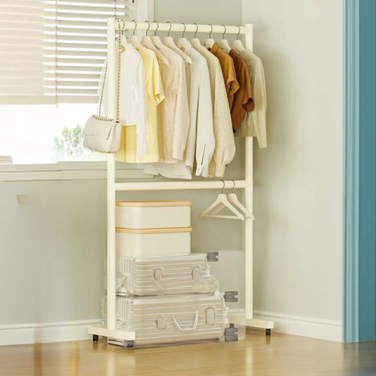 Trendy Minimalist Metal White 2 Tiers Mobile Coat Rack Image - 2