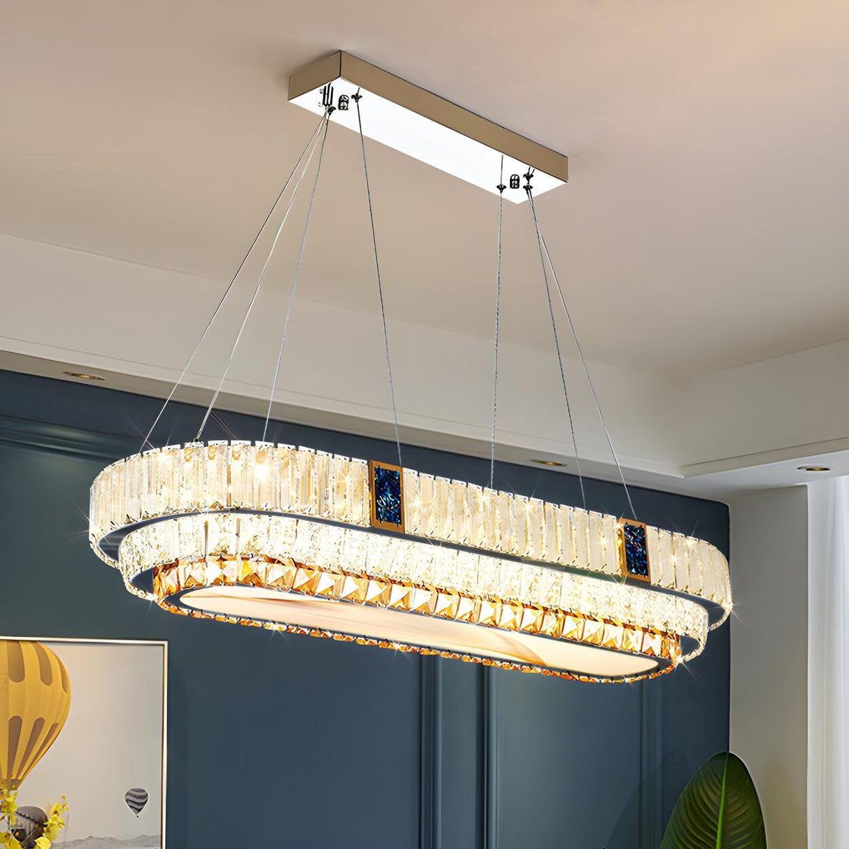 Trendy Oval Tiered Blue Accents Island Pendant Light Image - 2