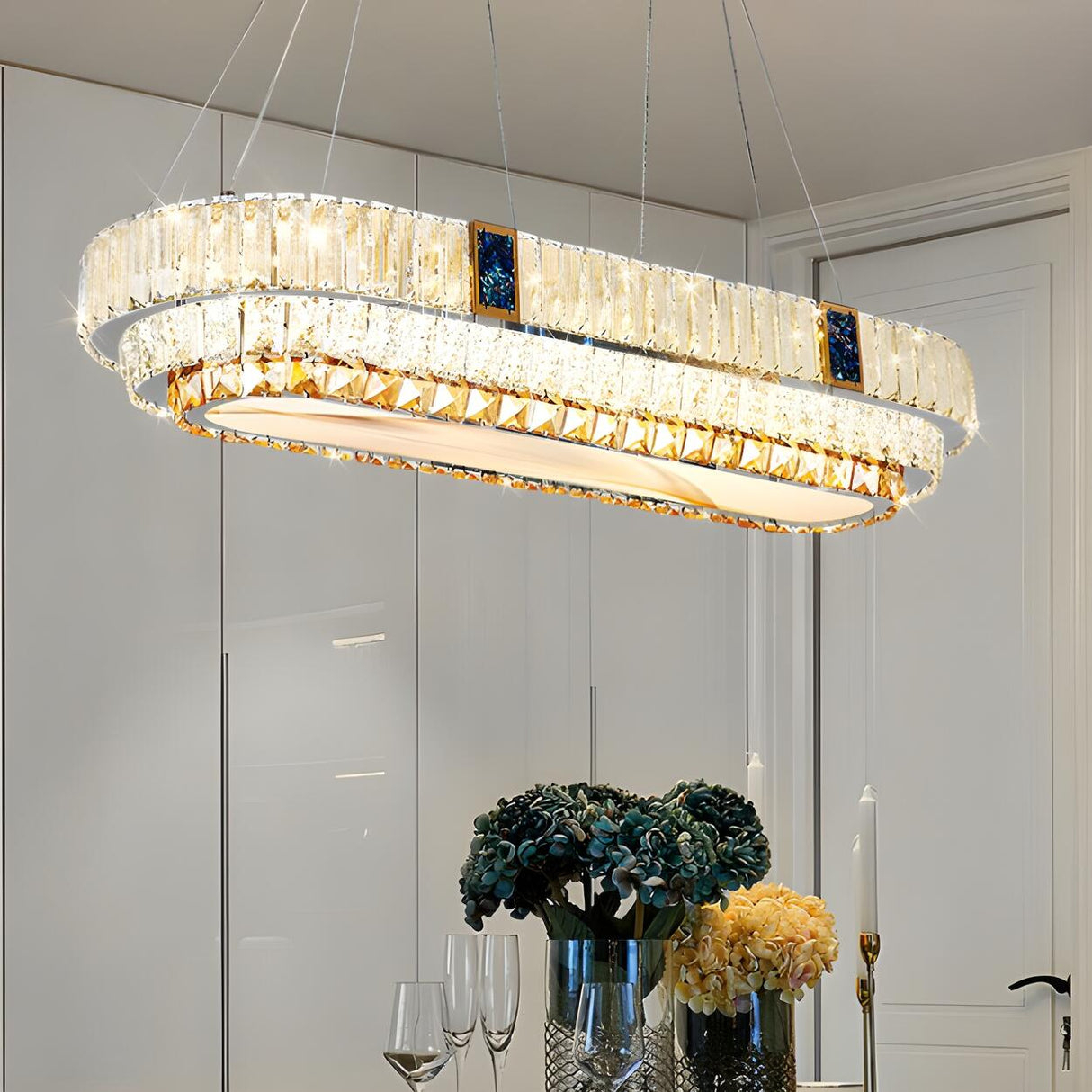 Trendy Oval Tiered Blue Accents Island Pendant Light Image - 3