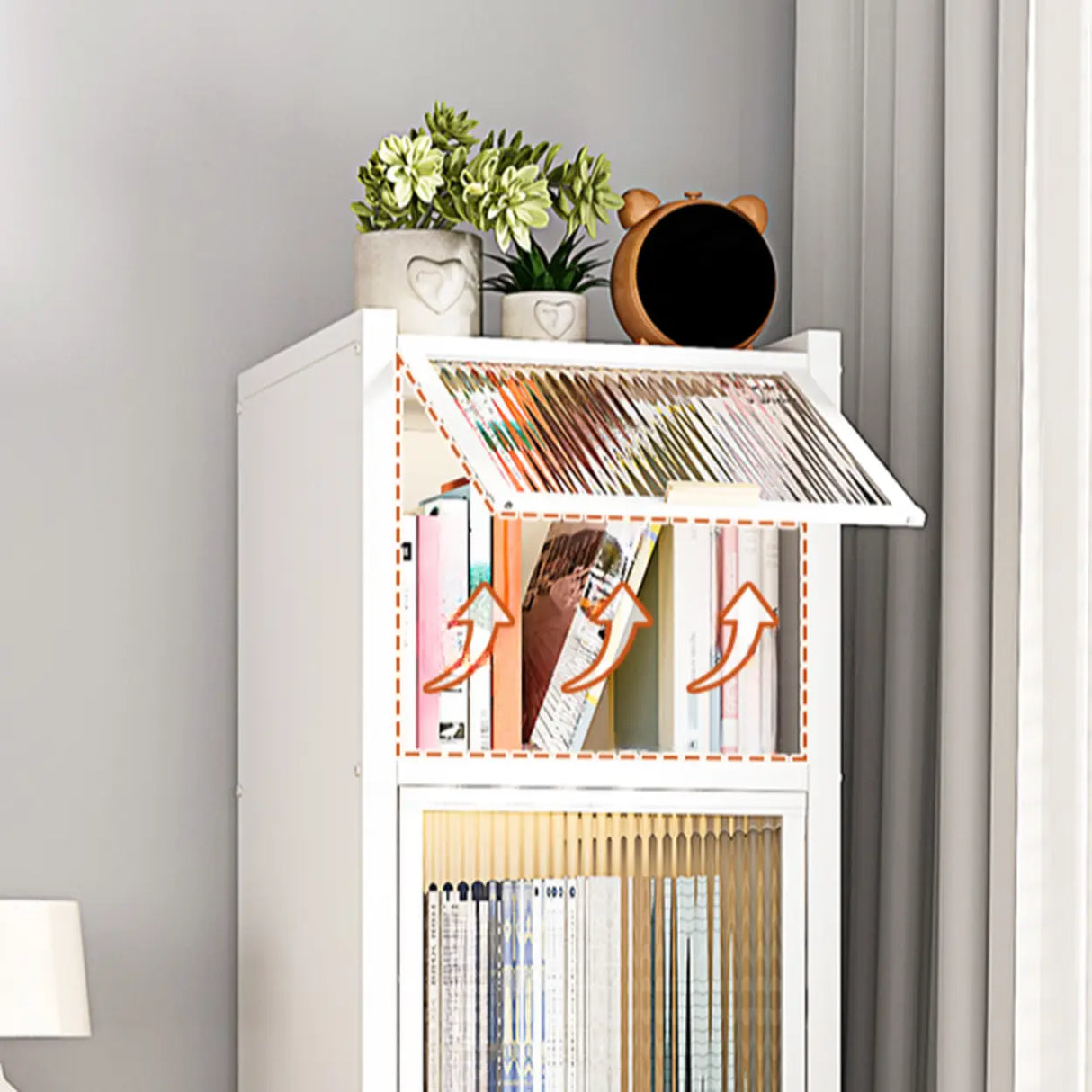 Trendy Plexiglass Doors Steel Narrow Bookcase White Image - 10