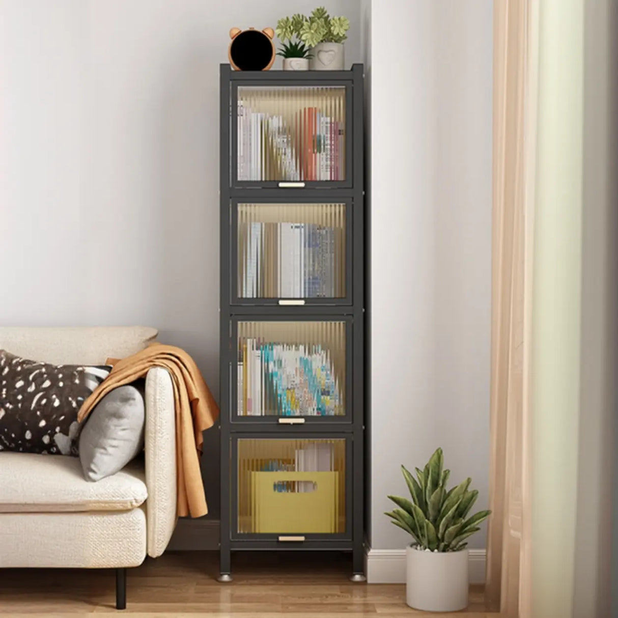 Trendy Plexiglass Doors Steel Narrow Bookcase White Image - 11