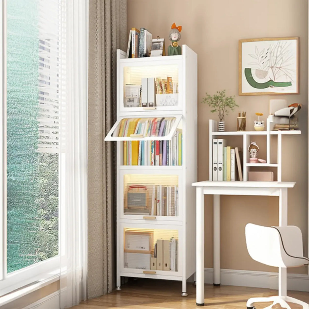 Trendy Plexiglass Doors Steel Narrow Bookcase White Image - 1
