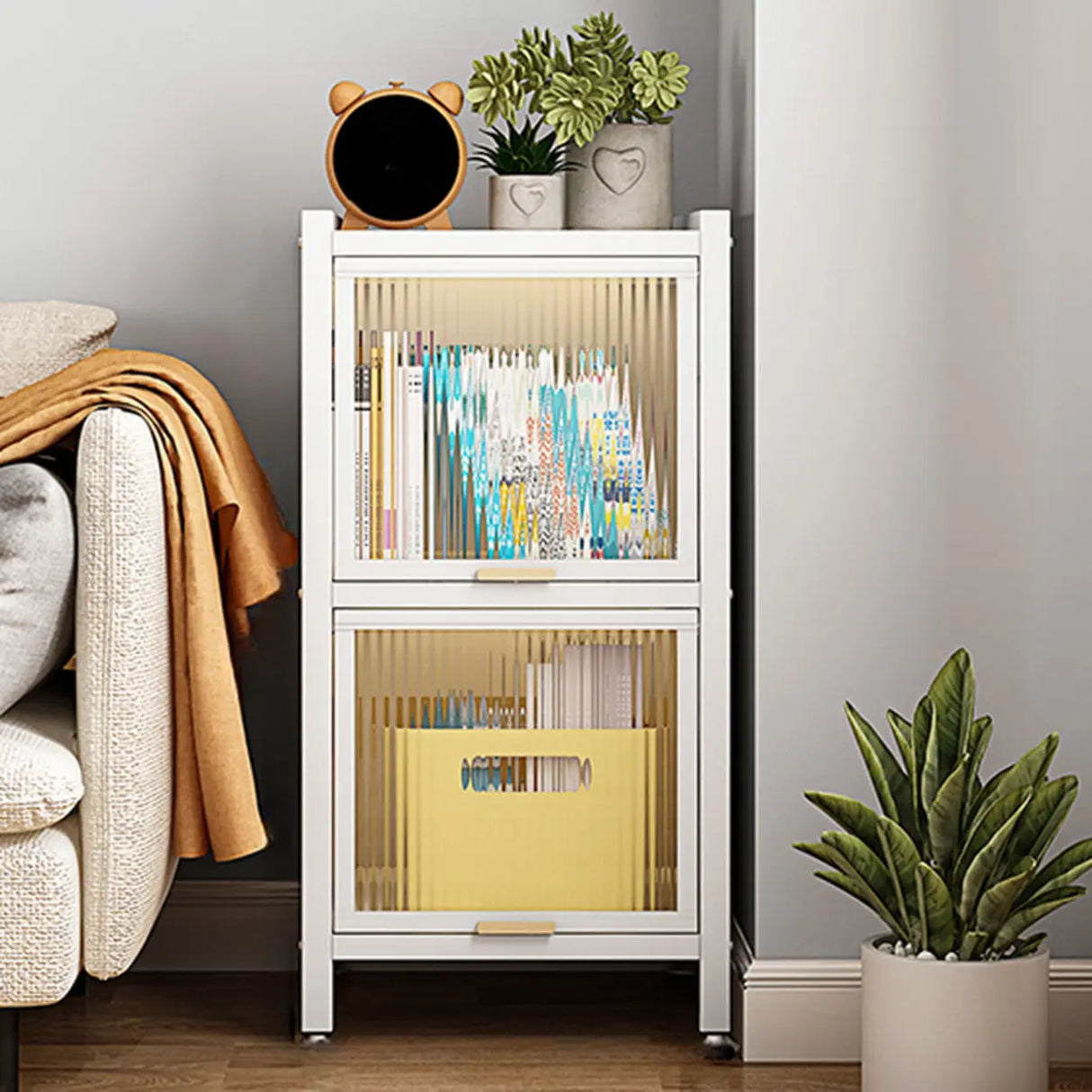 Trendy Plexiglass Doors Steel Narrow Bookcase White Image - 2