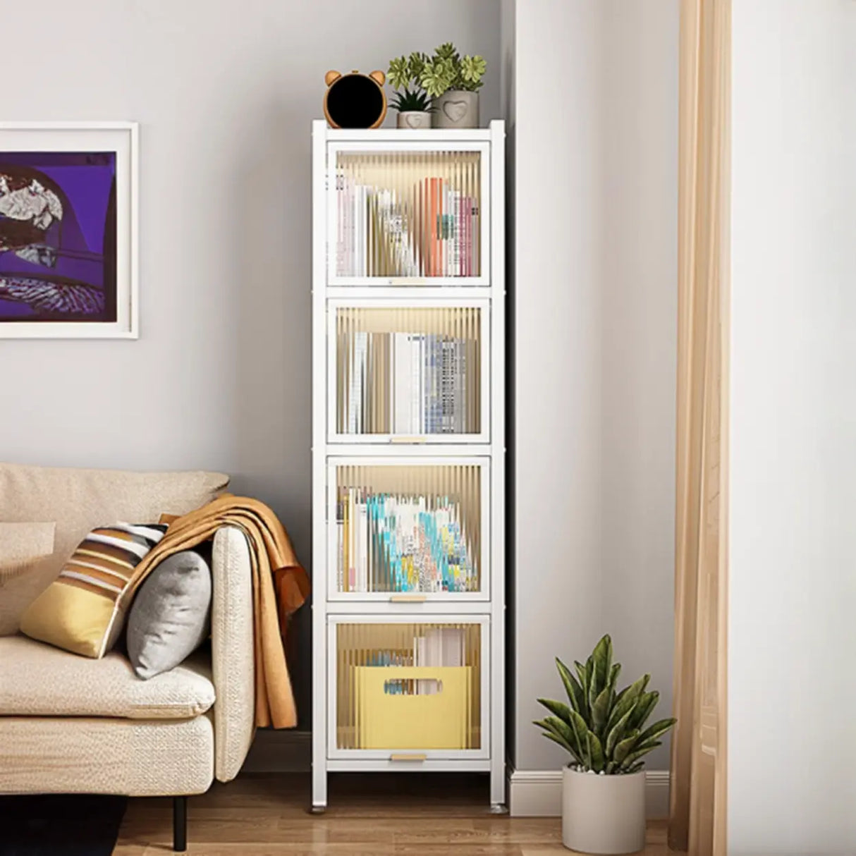 Trendy Plexiglass Doors Steel Narrow Bookcase White Image - 3