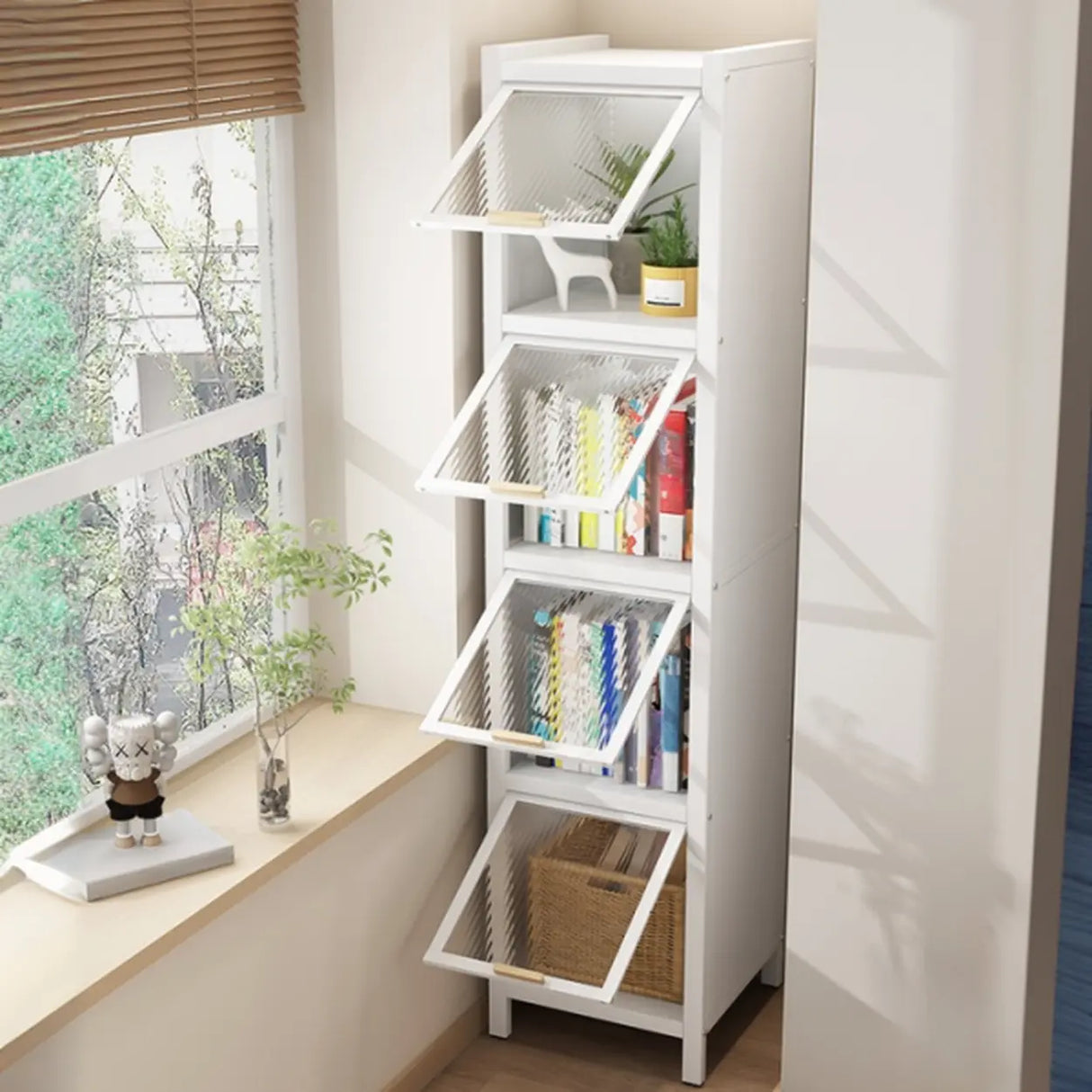 Trendy Plexiglass Doors Steel Narrow Bookcase White Image - 4