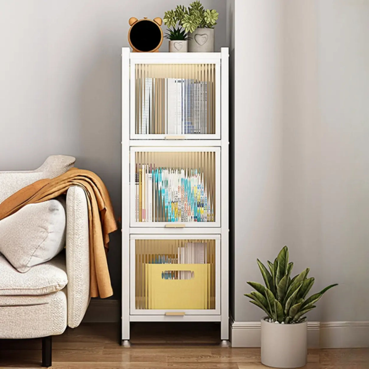 Trendy Plexiglass Doors Steel Narrow Bookcase White Image - 5