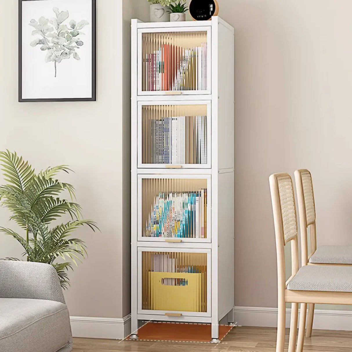 Trendy Plexiglass Doors Steel Narrow Bookcase White Image - 6
