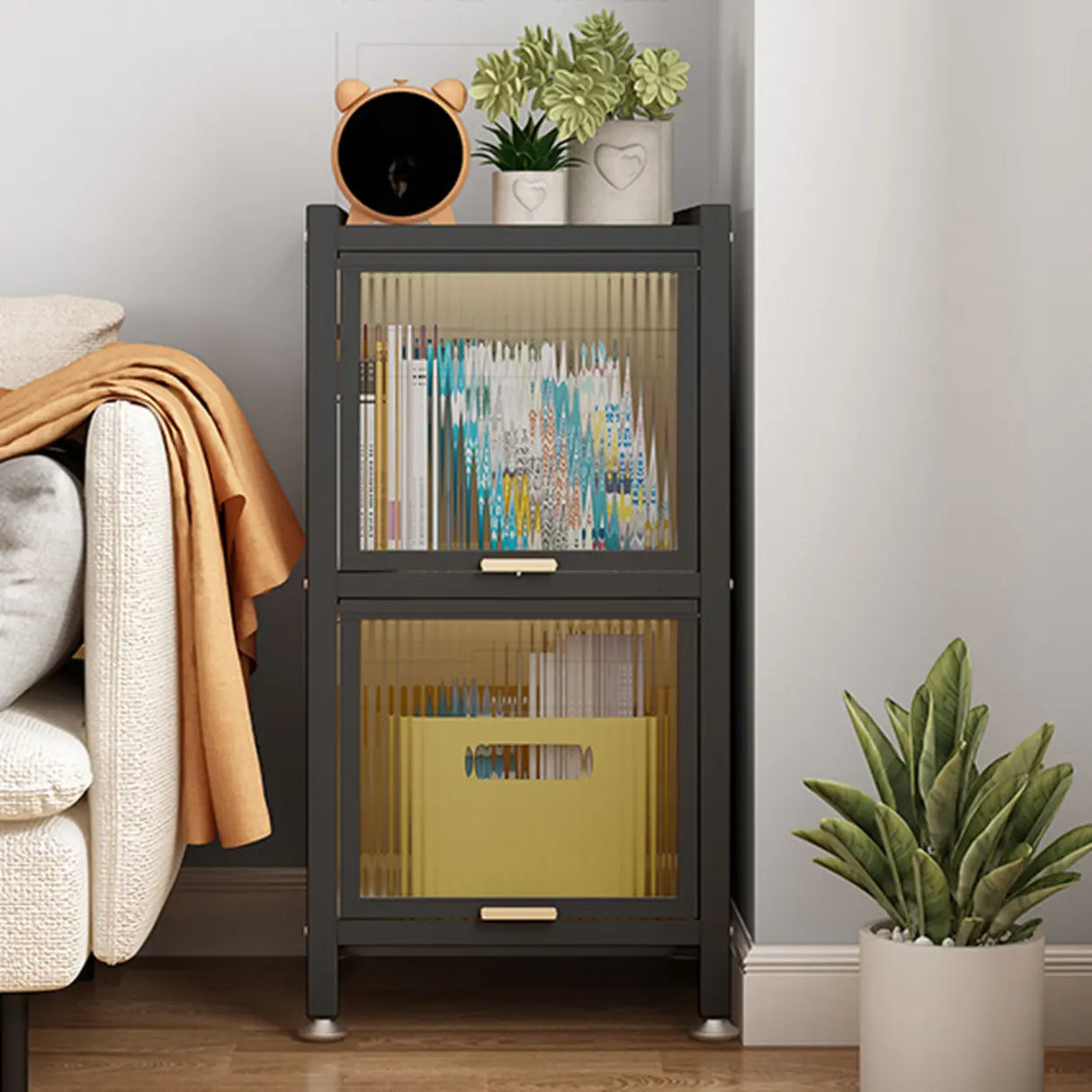 Trendy Plexiglass Doors Steel Narrow Bookcase White Image - 7