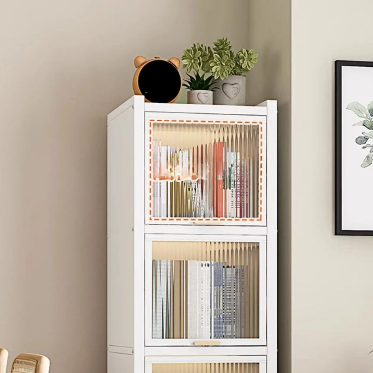 Trendy Plexiglass Doors Steel Narrow Bookcase White Image - 8