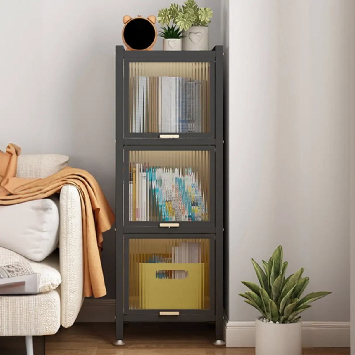 Trendy Plexiglass Doors Steel Narrow Bookcase White Image - 9