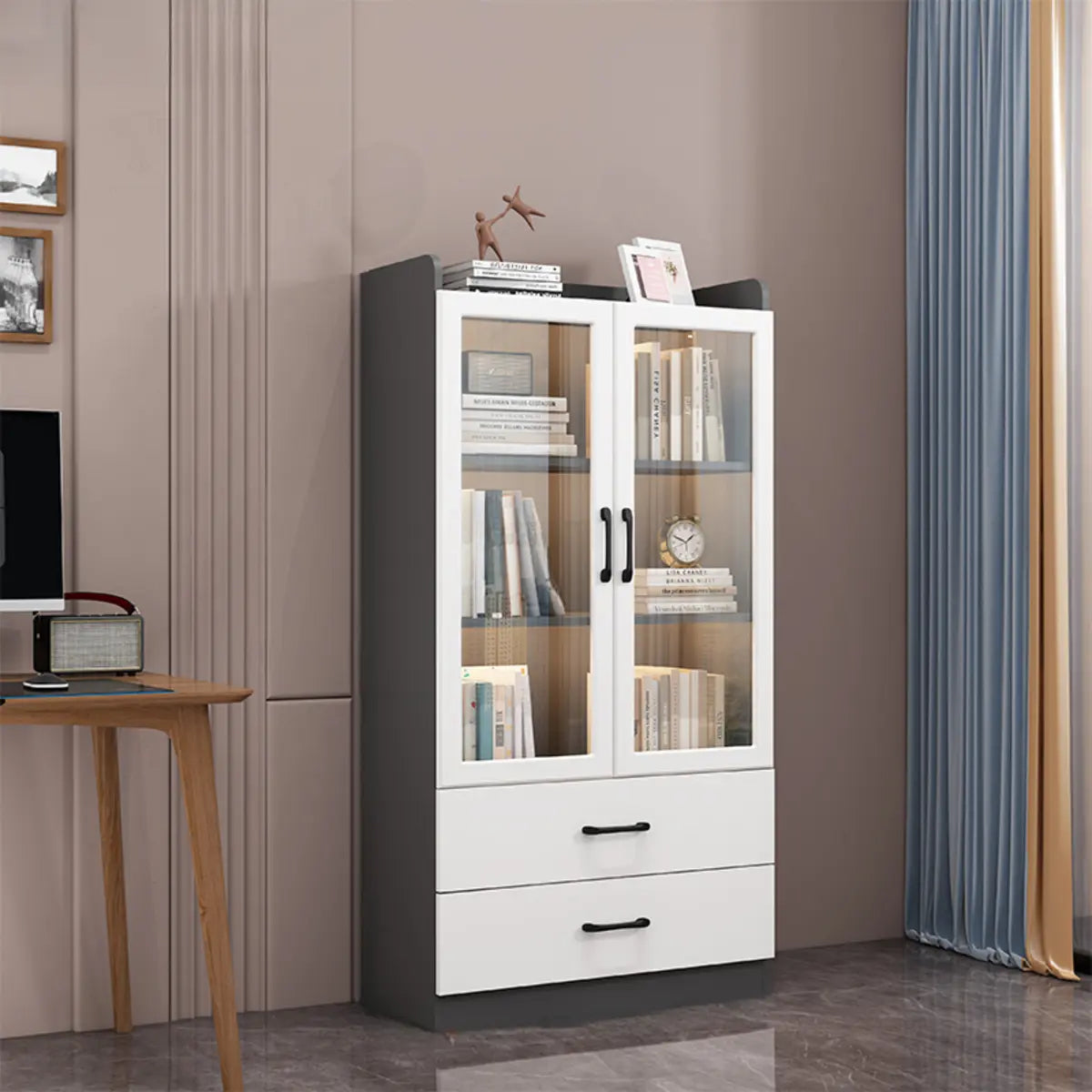 Trendy White Glass Doors Vertical Wooden Bookcases Image - 22