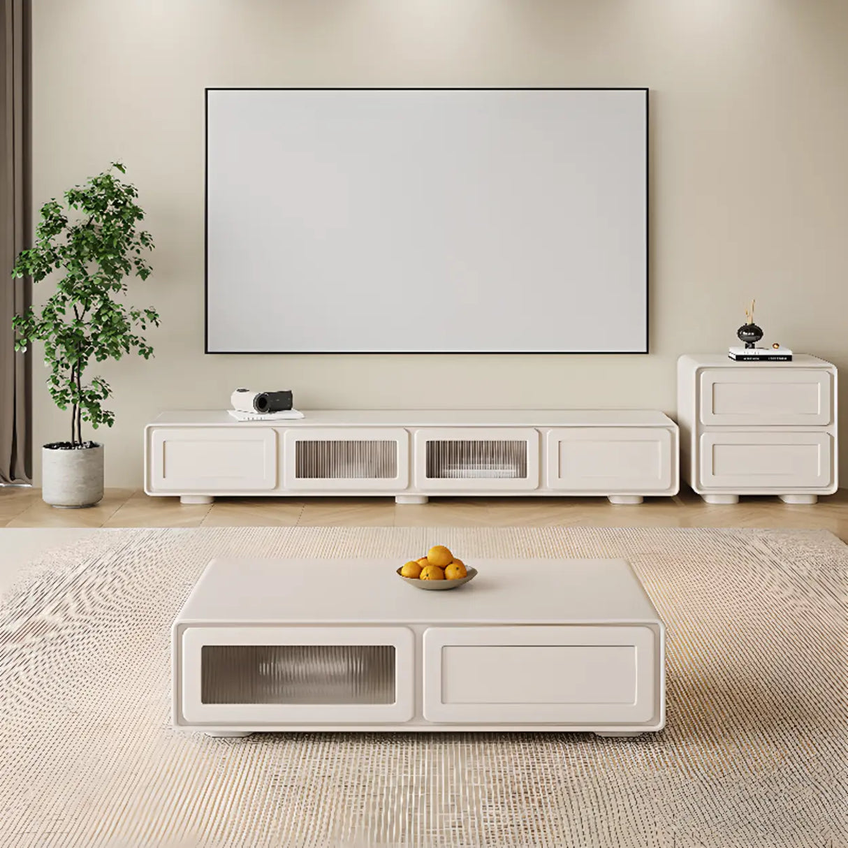 Trendy White Wood Drawers Cabinet Rectangle TV Stand Image - 1