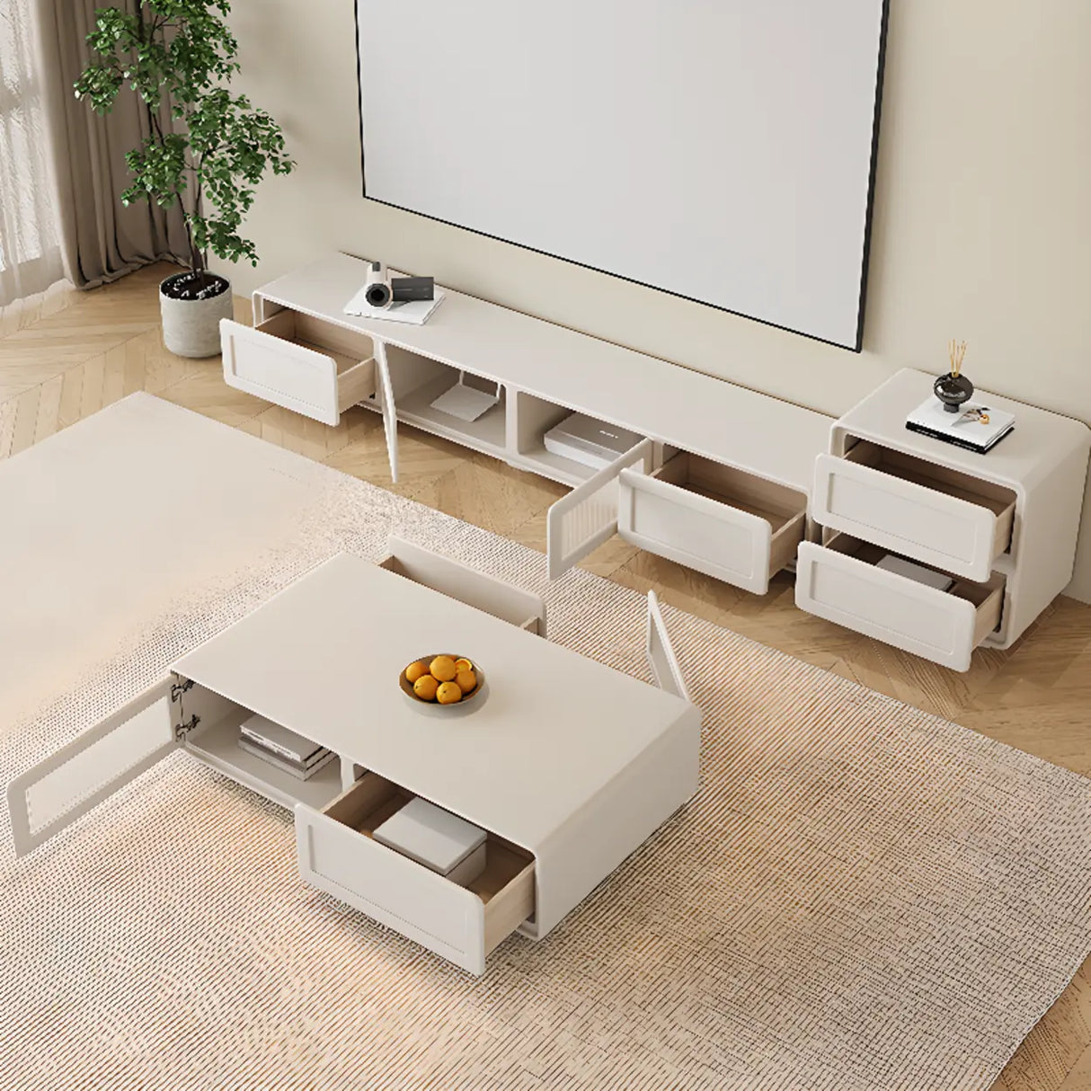 Trendy White Wood Drawers Cabinet Rectangle TV Stand Image - 4