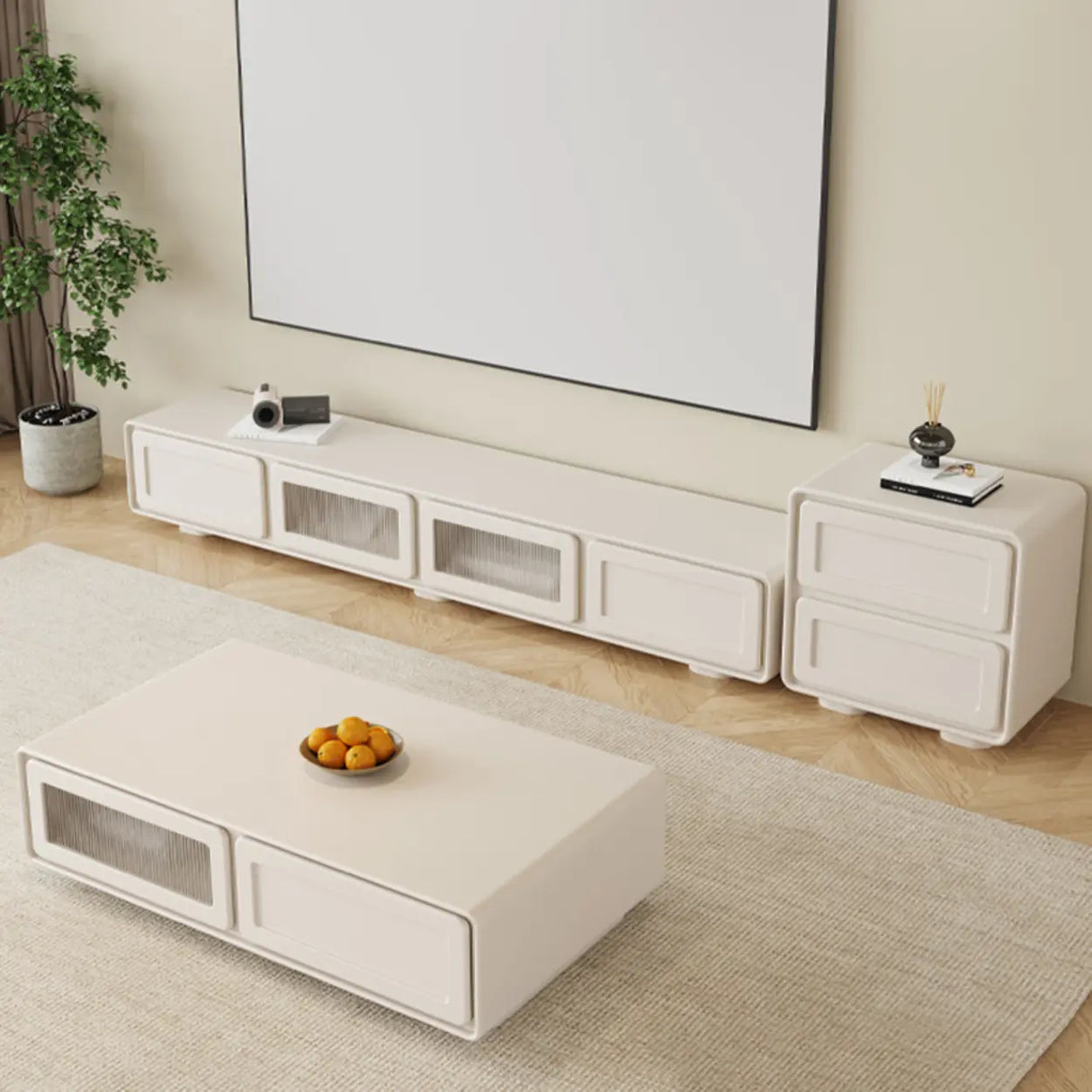 Trendy White Wood Drawers Cabinet Rectangle TV Stand Image - 5