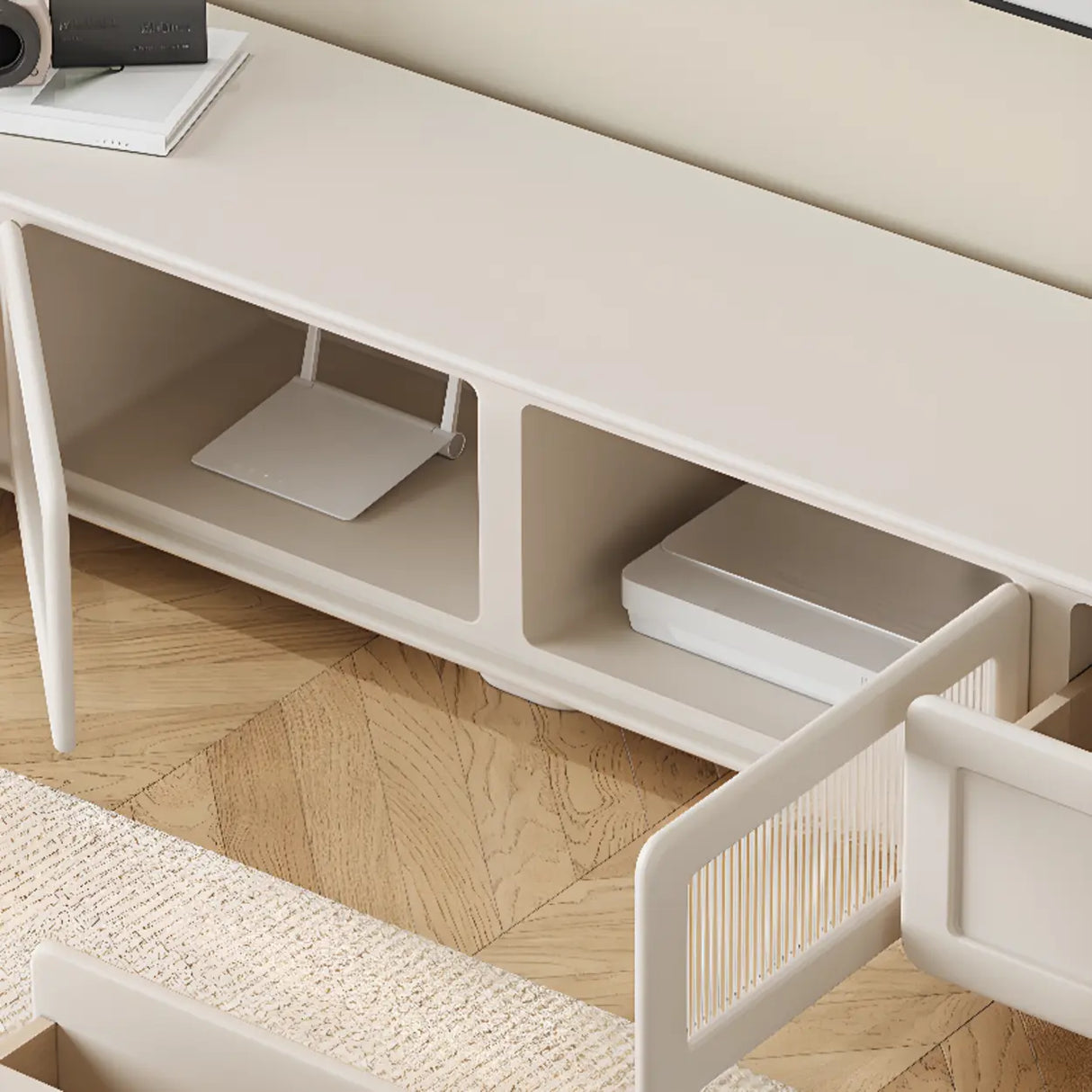 Trendy White Wood Drawers Cabinet Rectangle TV Stand Image - 6