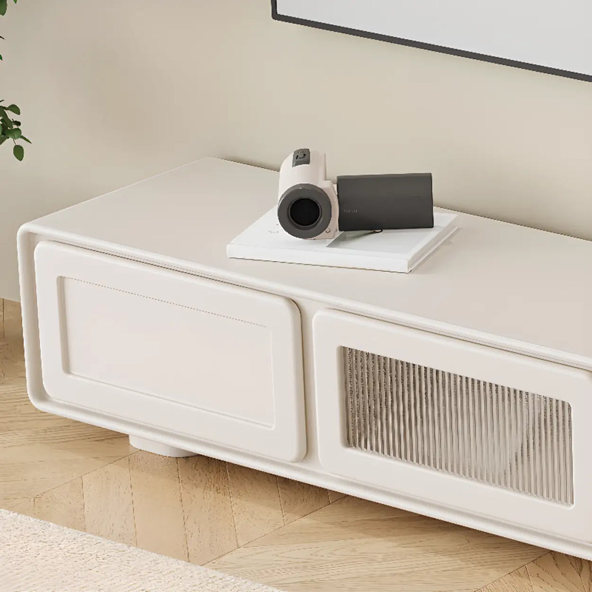 Trendy White Wood Drawers Cabinet Rectangle TV Stand Image - 8