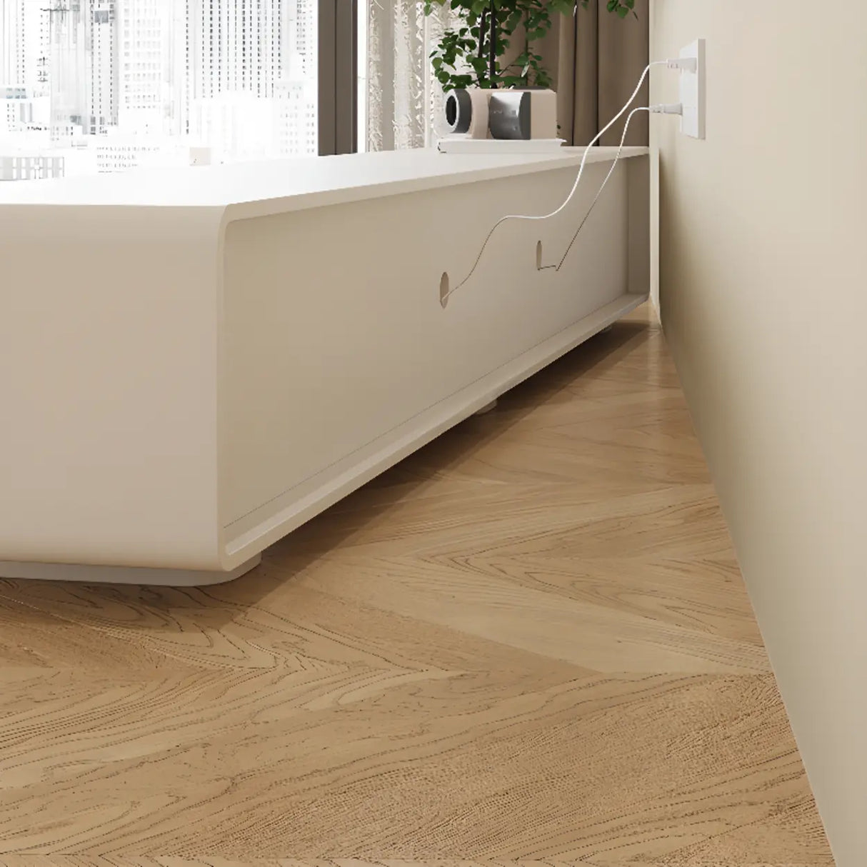 Trendy White Wood Drawers Cabinet Rectangle TV Stand Image - 9