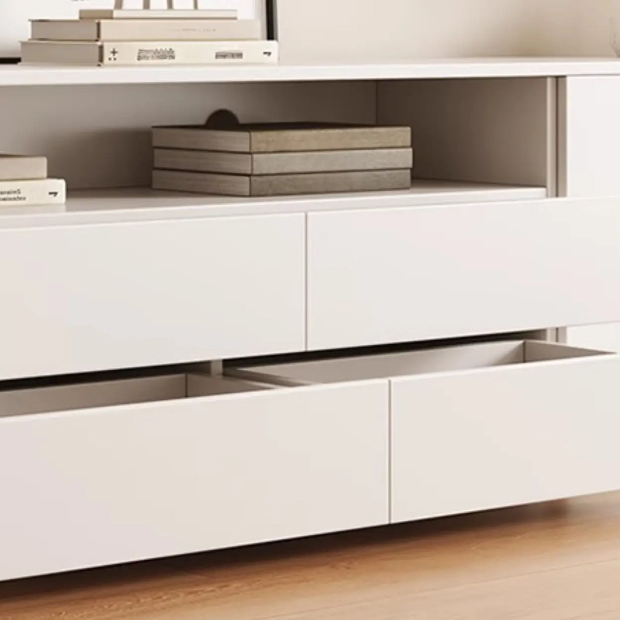 Trendy White Wood Open Storage Drawers Cabinet TV Stand Image - 11