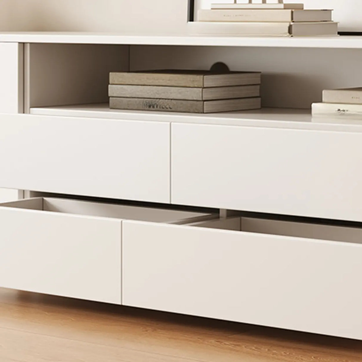 Trendy White Wood Open Storage Drawers Cabinet TV Stand Image - 12