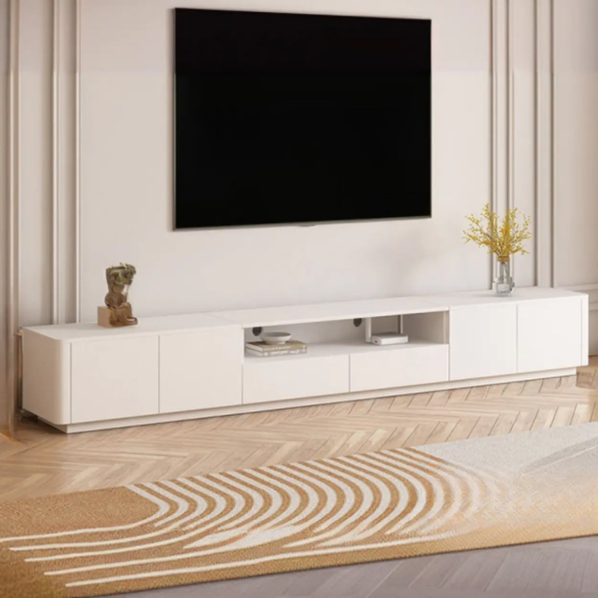 Trendy White Wood Open Storage Drawers Cabinet TV Stand Image - 13