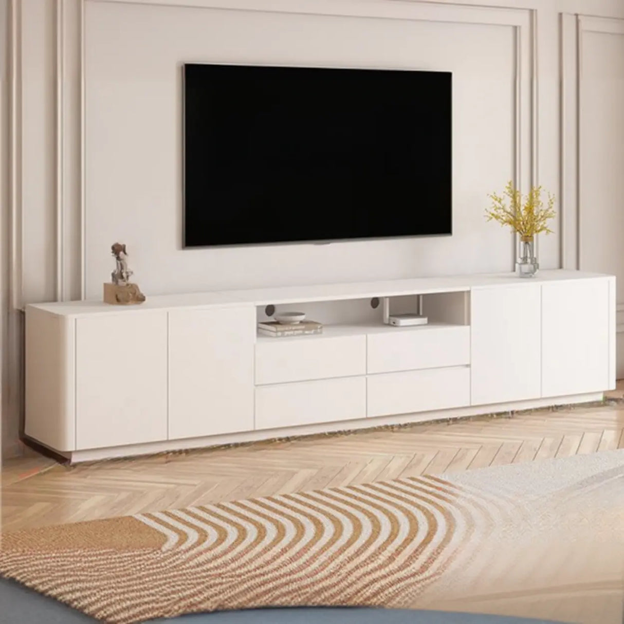 Trendy White Wood Open Storage Drawers Cabinet TV Stand Image - 14