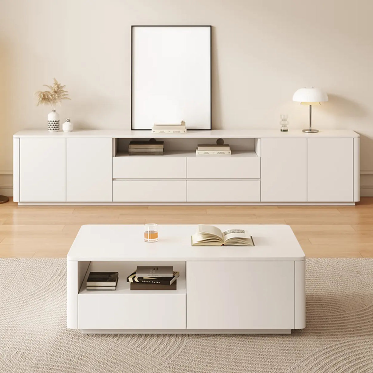 Trendy White Wood Open Storage Drawers Cabinet TV Stand Image - 1