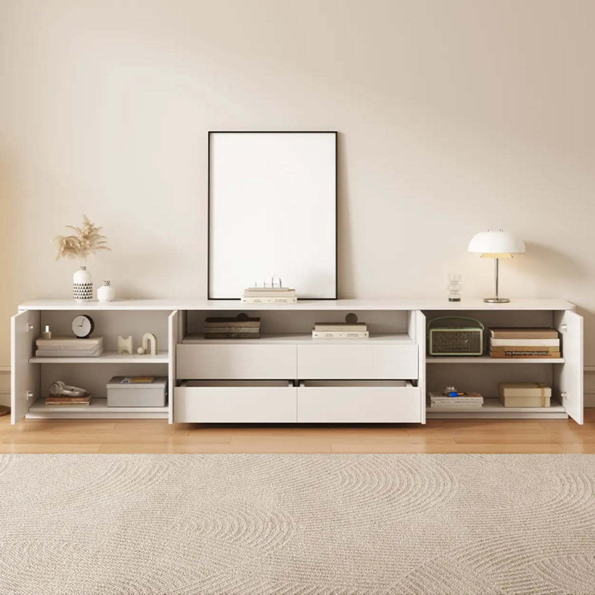 Trendy White Wood Open Storage Drawers Cabinet TV Stand Image - 2