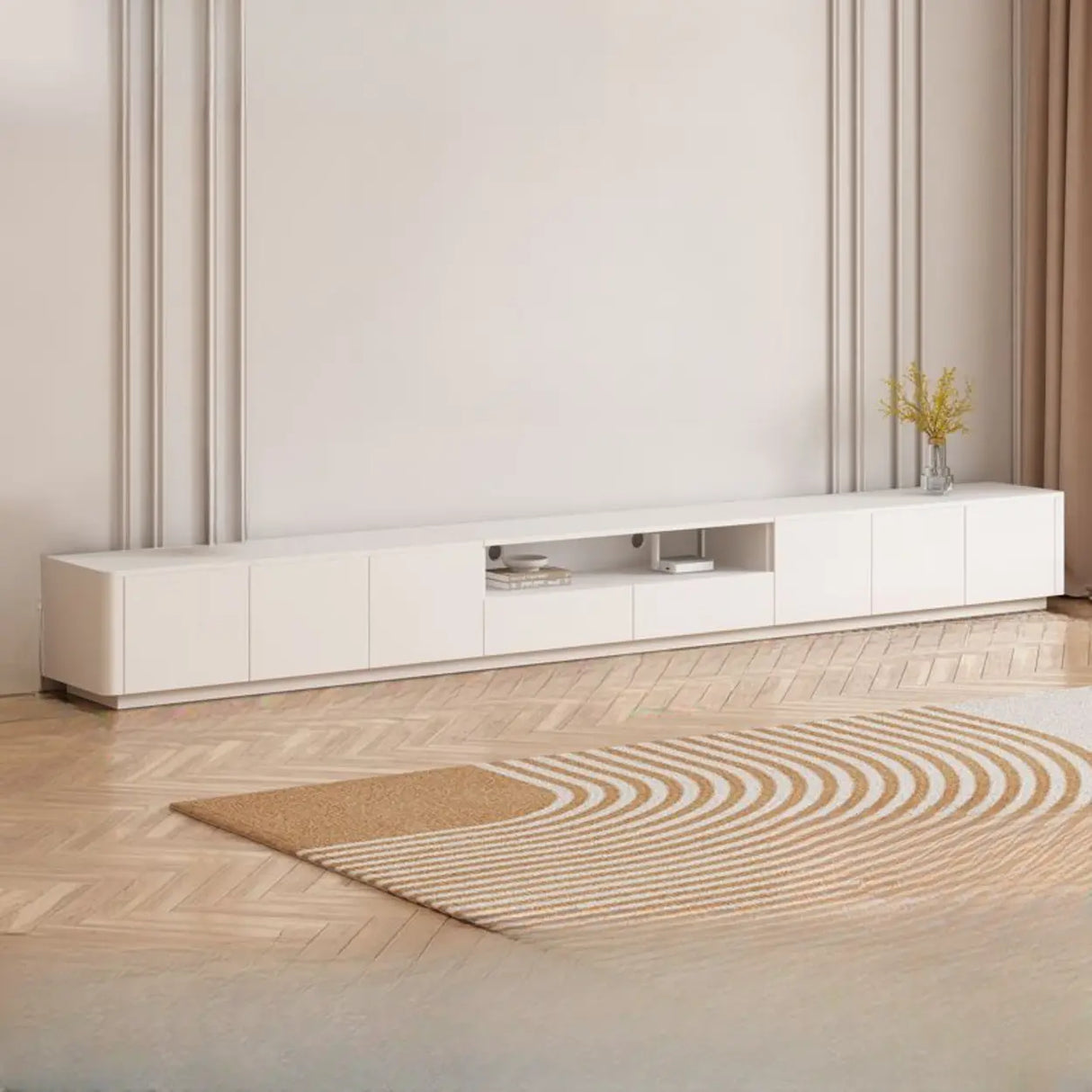 Trendy White Wood Open Storage Drawers Cabinet TV Stand Image - 3