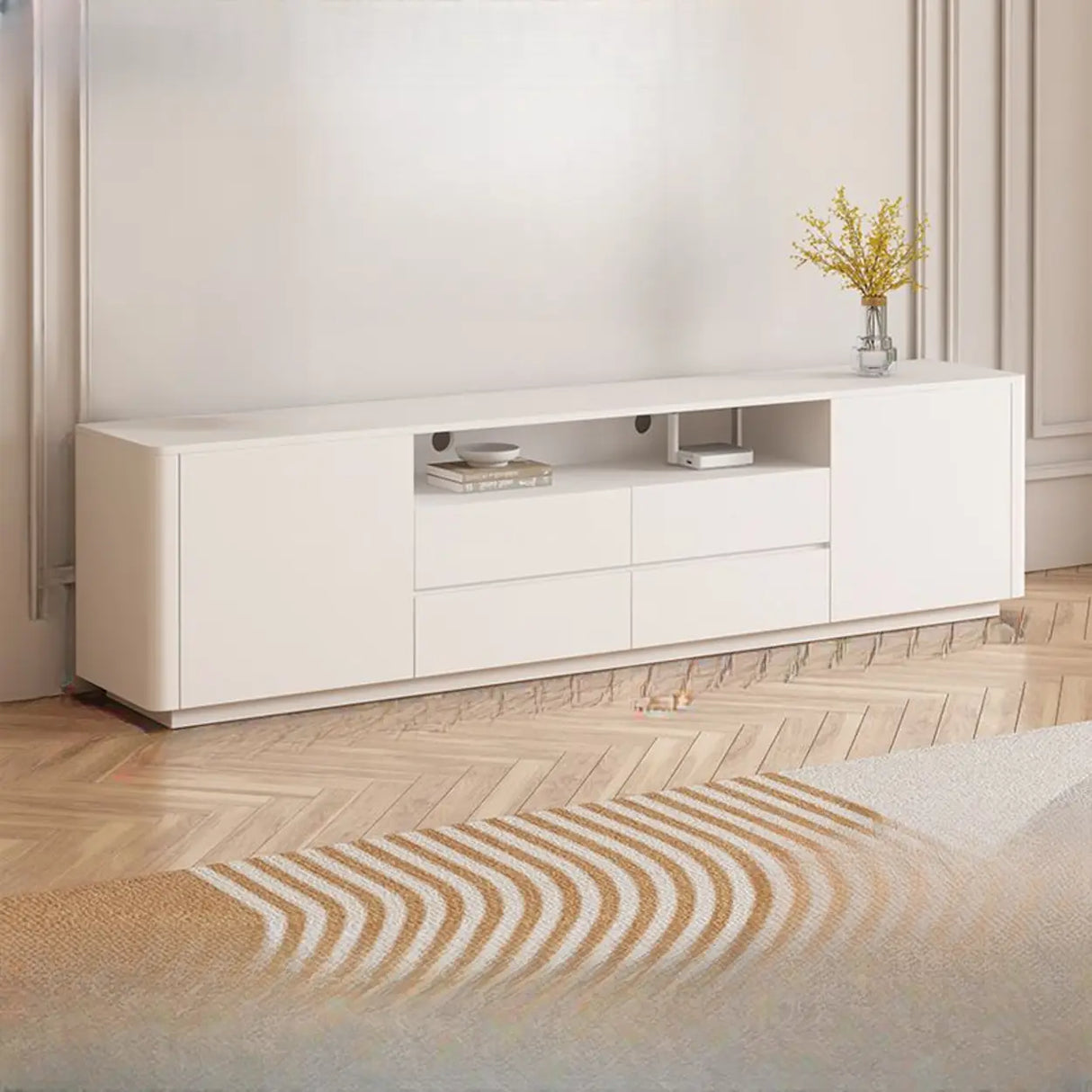 Trendy White Wood Open Storage Drawers Cabinet TV Stand Image - 4