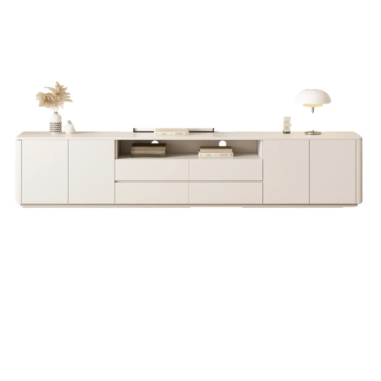 Trendy White Wood Open Storage Drawers Cabinet TV Stand Image - 5