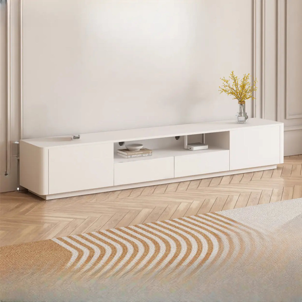 Trendy White Wood Open Storage Drawers Cabinet TV Stand Image - 6