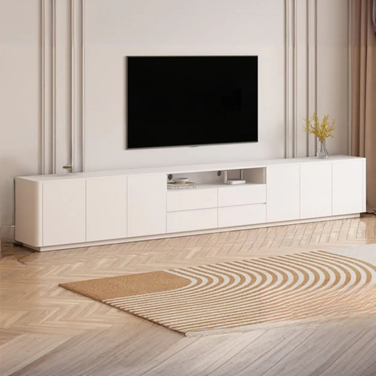 Trendy White Wood Open Storage Drawers Cabinet TV Stand Image - 7
