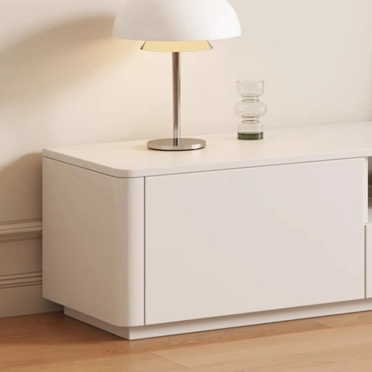 Trendy White Wood Open Storage Drawers Cabinet TV Stand Image - 8