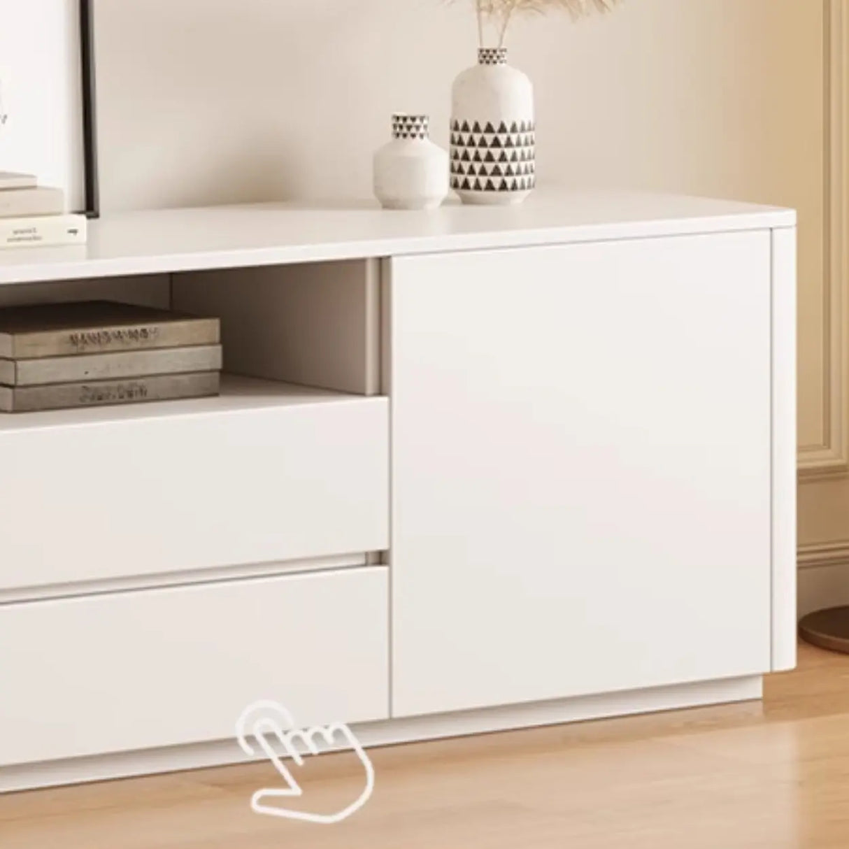 Trendy White Wood Open Storage Drawers Cabinet TV Stand Image - 9