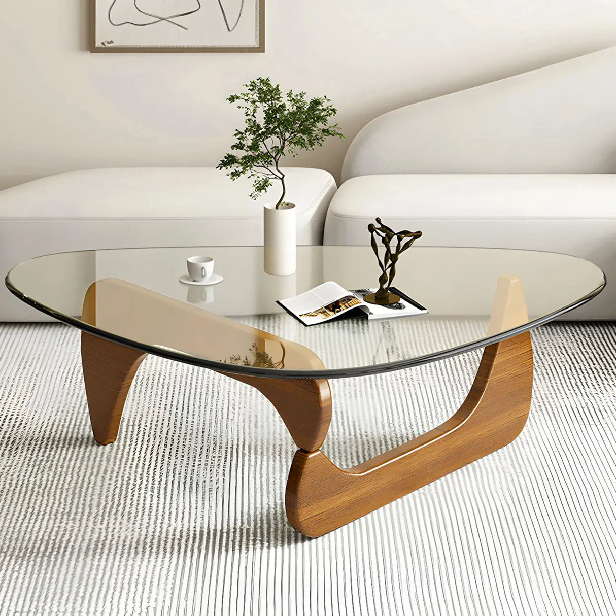 Triangle Glass Wooden Abstract Base Coffee Table Image - 13