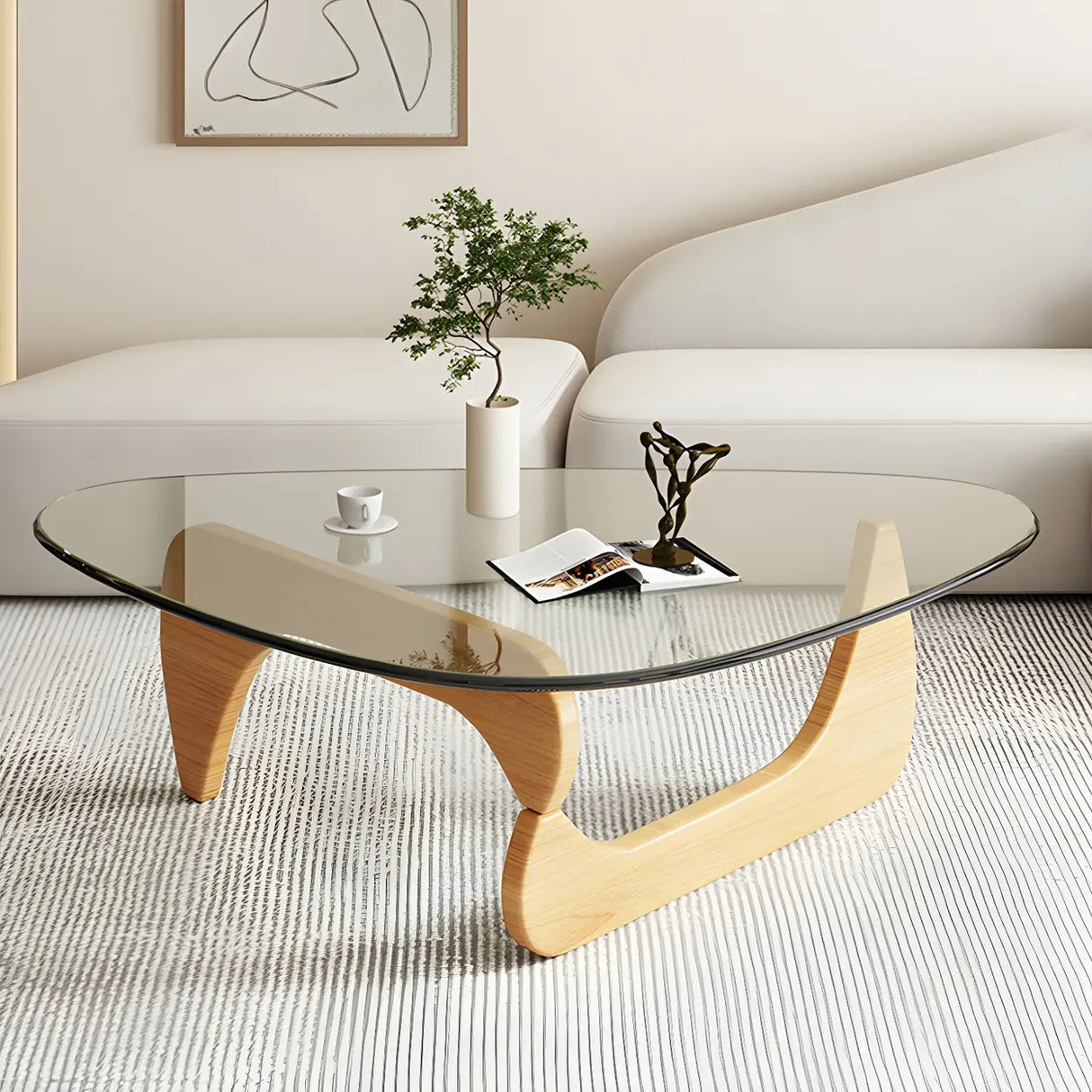 Triangle Glass Wooden Abstract Base Coffee Table Image - 2